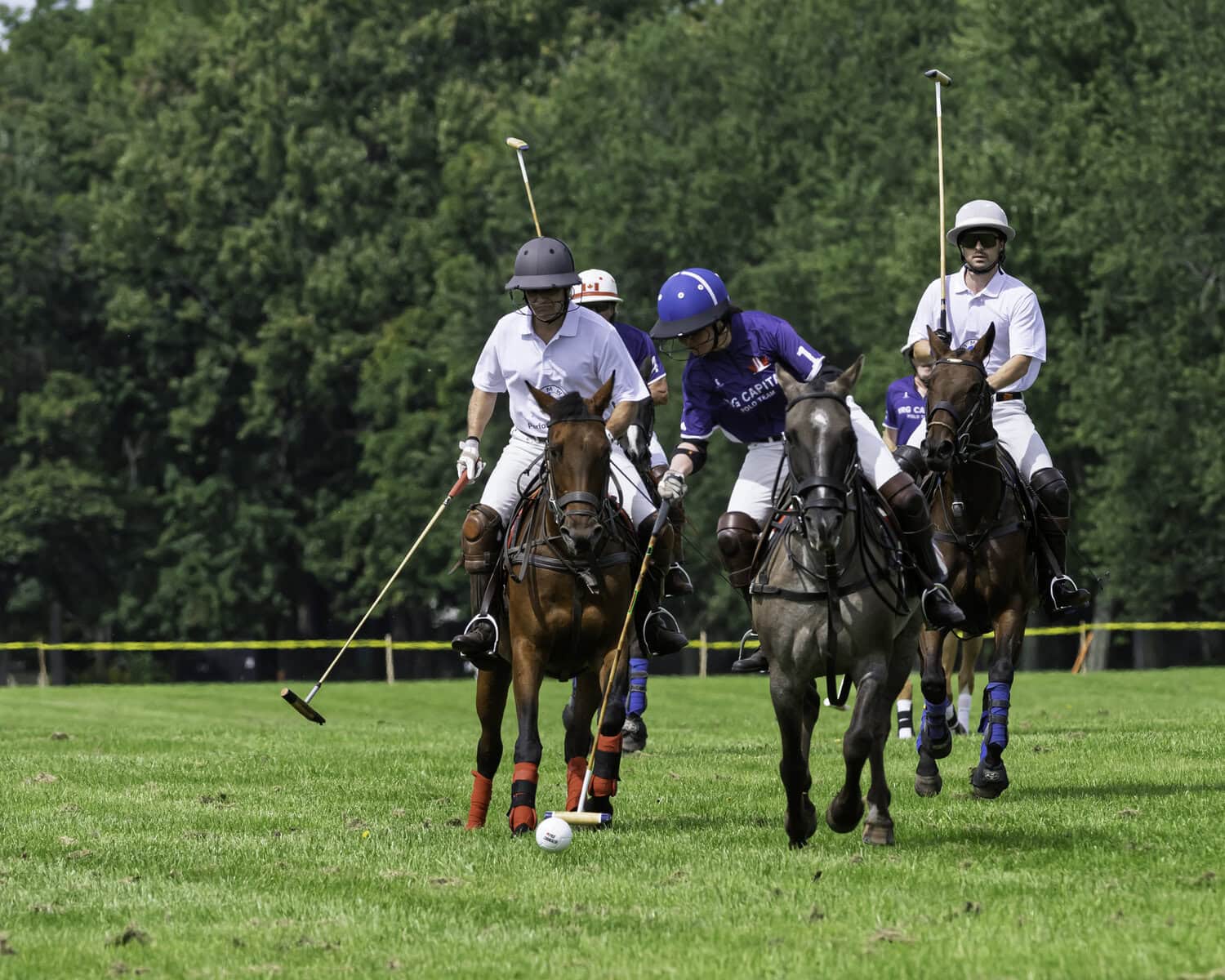 Players skirmish for the ball on the field in one of the two four-chukker matches.