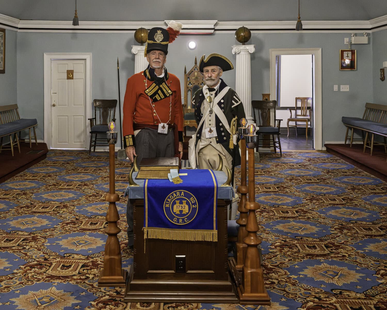 Over at Niagara Lodge No. 2, members Hans Vetter and Victor Packard don traditional Masonic regalia. Built in 1792, this is the oldest Masonic lodge in Ontario and was the site of the first legislature of Upper Canada.