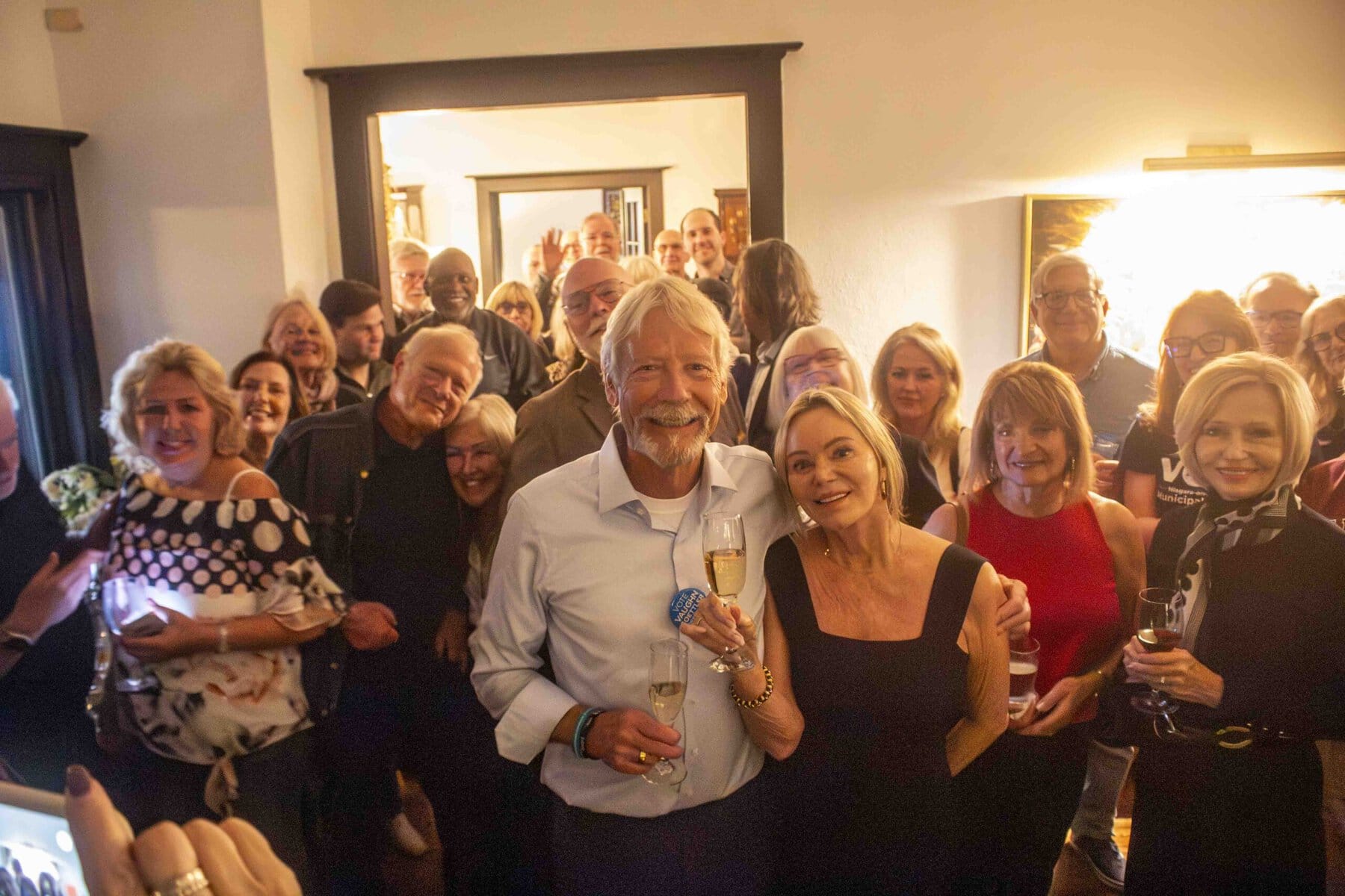 Surrounded by supporters, Vaughn and Lauren Goettler celebrate his election victory. He won the lord mayor race with 55.1 per cent of the vote.