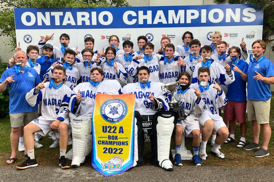 Niagara Thunderhawks U22  players and coaches celebrate their Ontario championship win on Thursday. (Supplied)