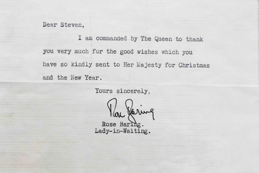 A letter from
her Lady-in-Waiting, Rose Baring, thanking Hardaker for a Christmas card he sent to the Queen.